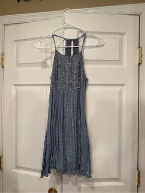 Blue Embroidered Halter Summer Dress